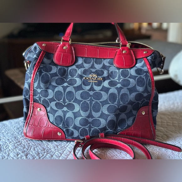COACH Mickie Satchel in blue denim jacquard with red trim. - Picture 2 of 12